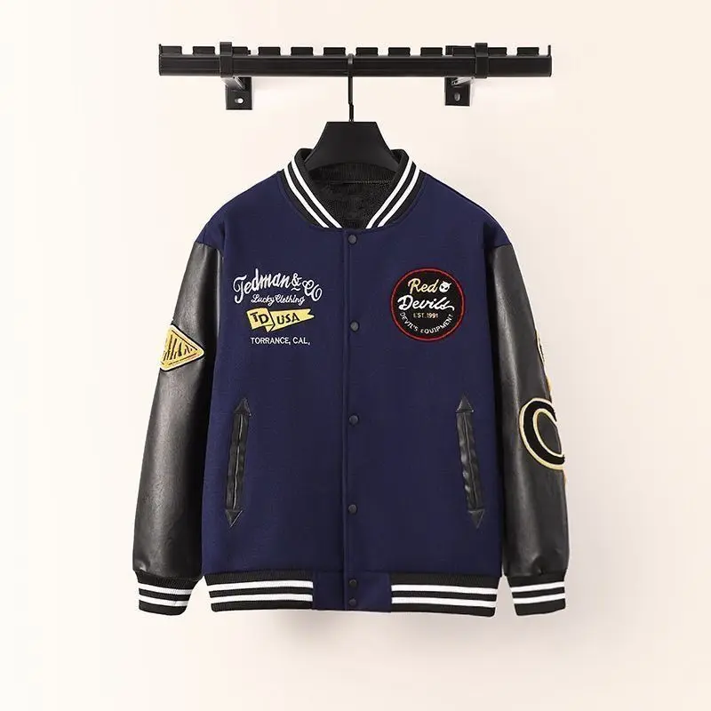 Y2K Streetwear Bomber Varsity Jacket Men Women Autumn Vintage Premium Patchwork PU Leather Sleeve Hip Hop Casual Baseball Coat view 3