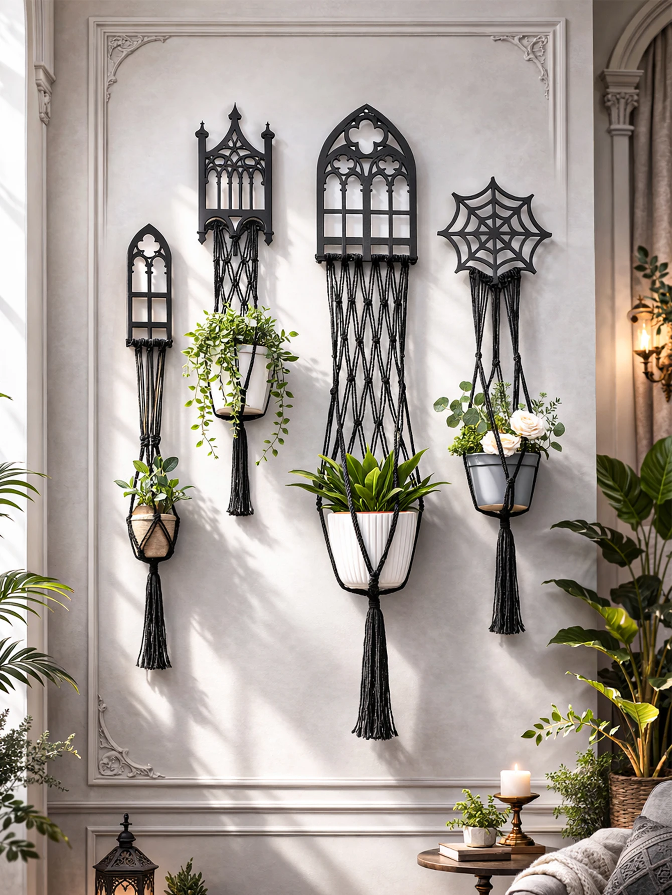 Gothic Macrame Plant Hanger Black Wooden Church Window Spider Web Wall Hanging Planter Holder Home Decor Plant Flower Pot Basket