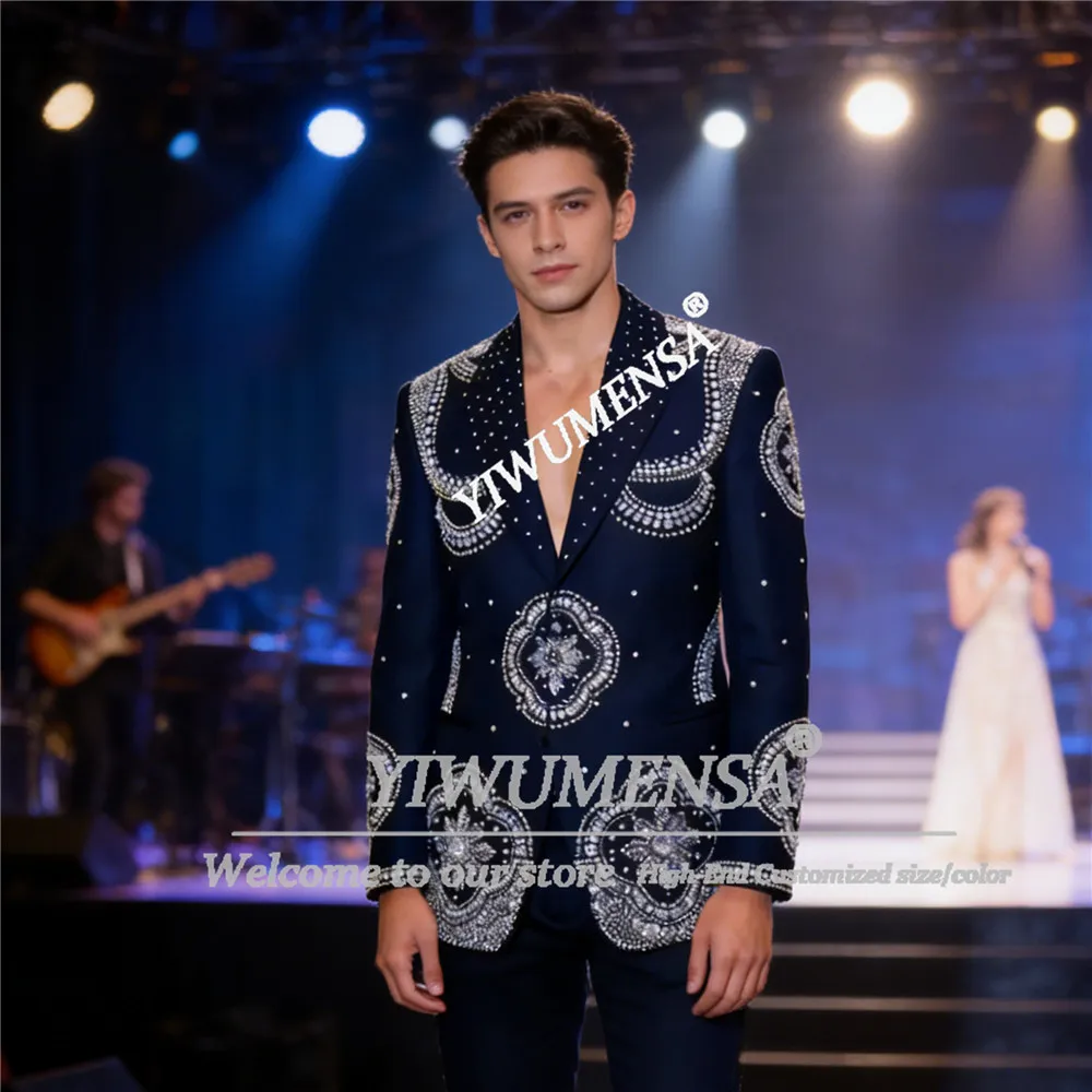 

Мужской костюм с блестящими бусинами и камнями для свадьбы, однобортный пиджак и брюки, комплект из 2 предметов, наряд для жениха, индивидуальный шикарный образ