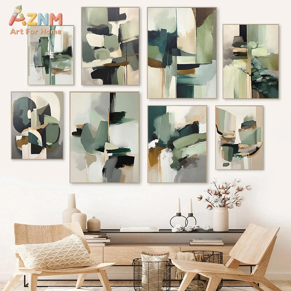 AZNM Sage Green Neutral Geometric Abstract Canvas Wall Art Beige Black Brush Stroke Modern Block Painting Unframed Canvas Print