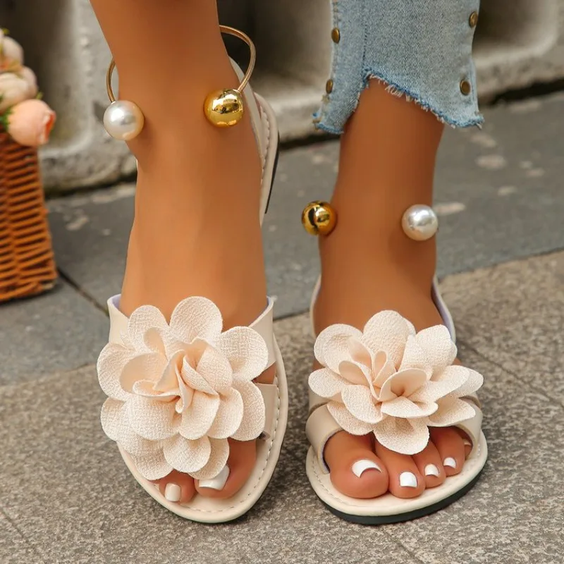 Women Sandals Summer Flat Pearl Retro Flower Sandals Open Toe Casual Sandals Daily Beach Bohemian Comfortable Non Slip Shoes - view 3