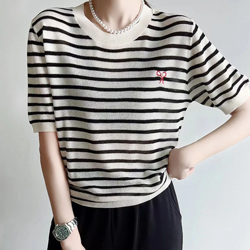 

Bow Embroidered Knitted Pullover Sweater For Women Summer Casual Short Sleeve Sweaters Thin Fashion Striped O Neck Tops Mujer