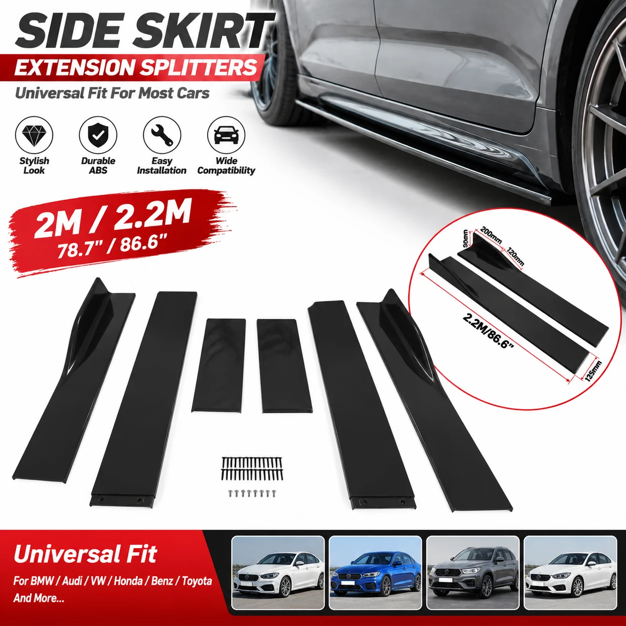 Estensione universale per minigonne laterali nere lucide, splitter, alette 2M / 2.2M, pannello inferiore, labbro, spoiler laterale per BMW, Audi, VW, Honda, Benz, Toyota