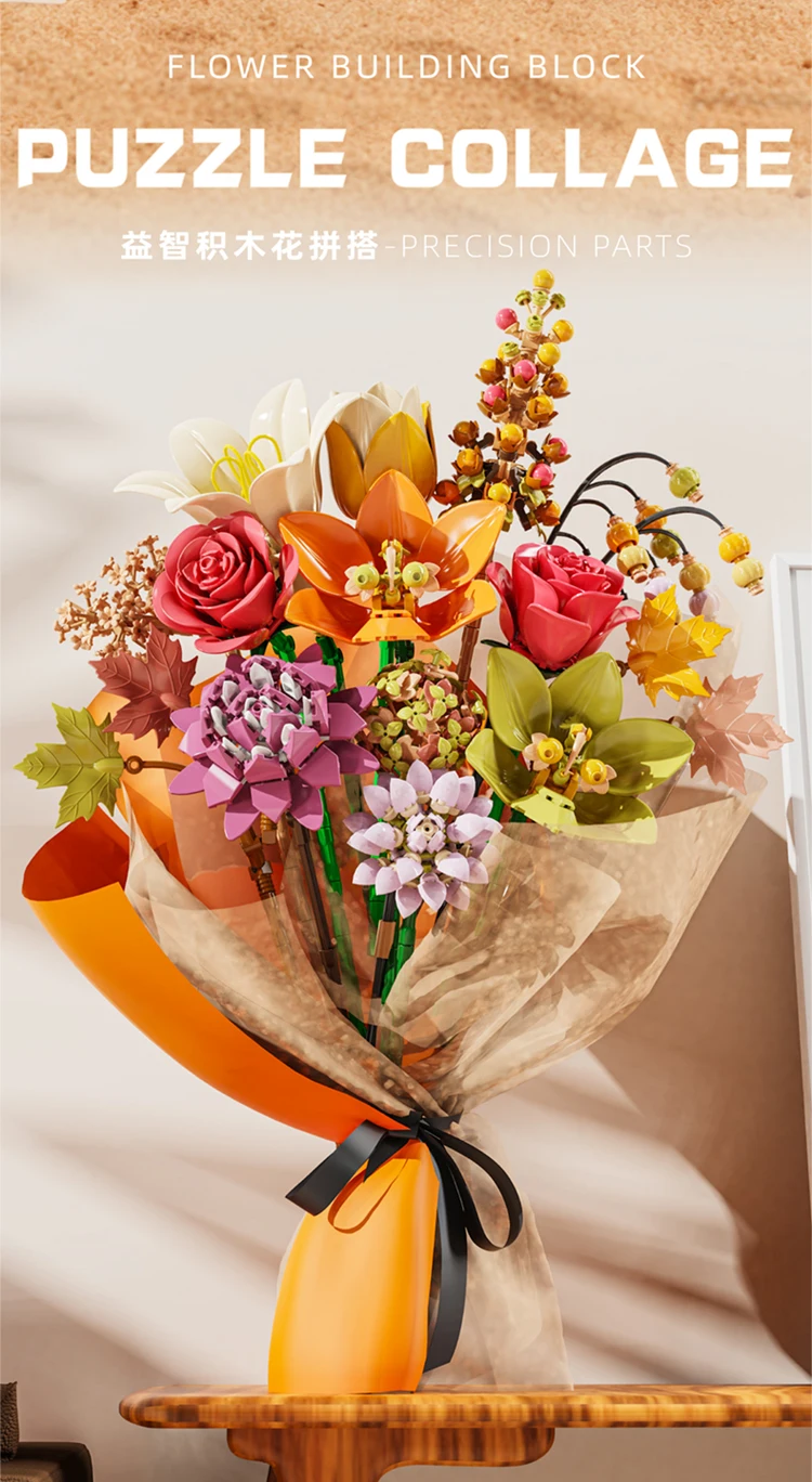 Ceremony Flowers Building Blocks Set Botanical Collection Rose Bouquet Bricks Puzzle Hobbies Girl's Gift Flower Holiday Gift