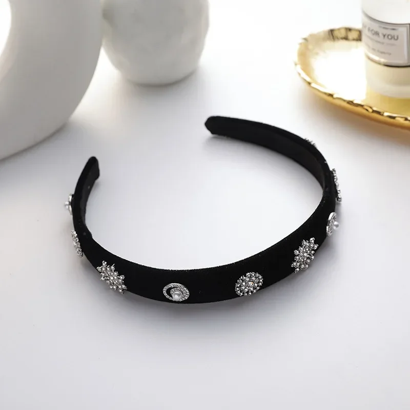 Retro Bling Rhinestones Snowflake Hair Hoop Hair Accessories Temperament Black Velvet Bowknot Wide Brimmed Hair Band for Women