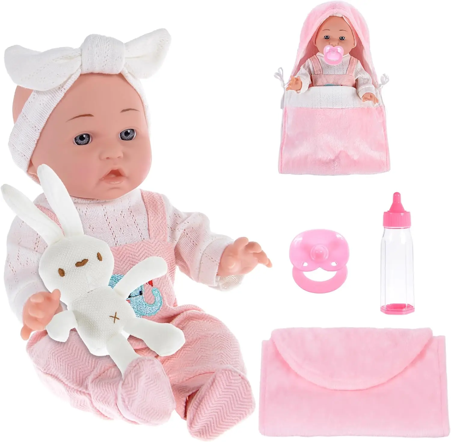 

12 inch Baby Doll - Adorable Doll and Accessories Including Romper, Sleeping Bag, Feeding Accessories, Rabbit Plush Toy