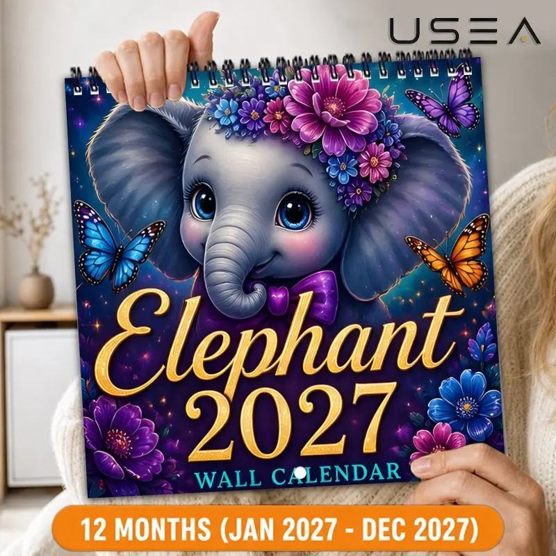 2027 Wall Calendar,12-Month Monthly Planner,Elephant Floral Celestial Design,Writable Blocks,Gift for Mom Women Coworker Teacher
