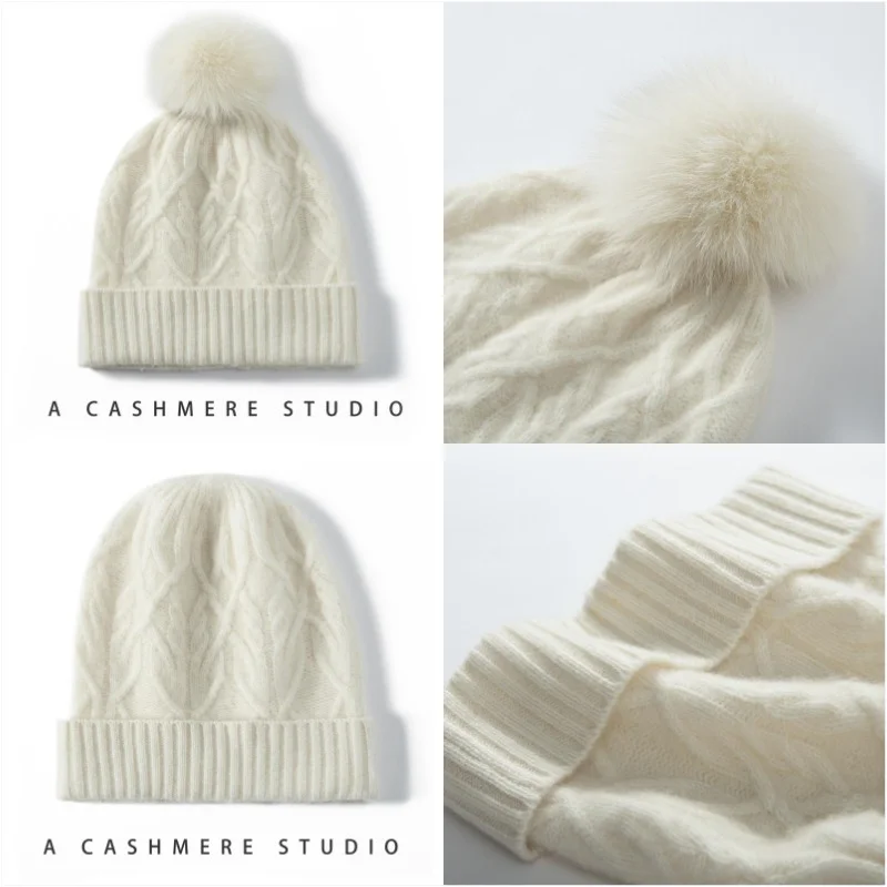 女性カシミヤ帽子秋冬取り外し可能なボールハットフランジビーニーポンポンキャップ-100-カシミヤニット暖かいツイストフラワーレトロ帽子