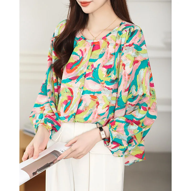 Women Clothing Fashion Hand-Painted Print Chiffon Shirt Spring Summer Casual Loose O-neck Lantern Sleeve Blouse Chic Button Tops