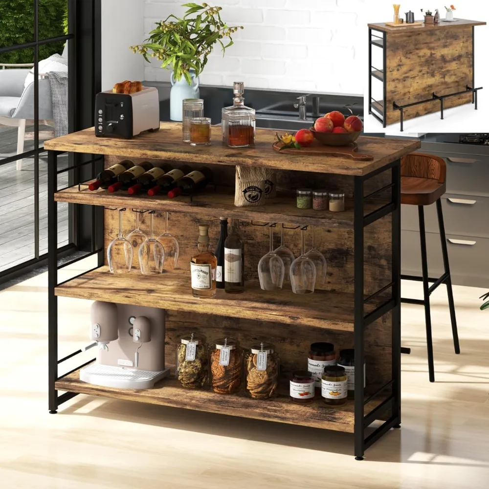 2 in 1 Kitchen Island, Industrial 4-Tier Bar Table with Storage Shelves, Wine Rack, Glass Holders & Footrests