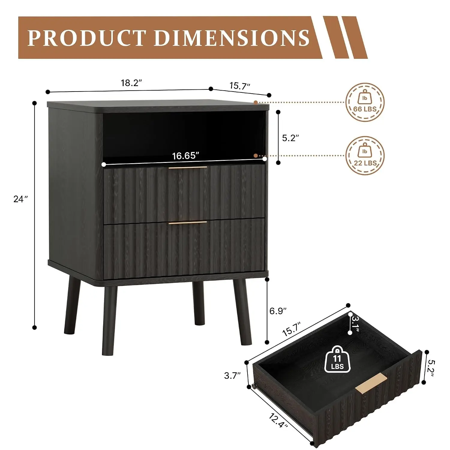 Fluted Wood Nightstand With 2 Drawers & Open Storage, Mid-Century Modern Side Table For Bedroom Living Room, Black, Customized
