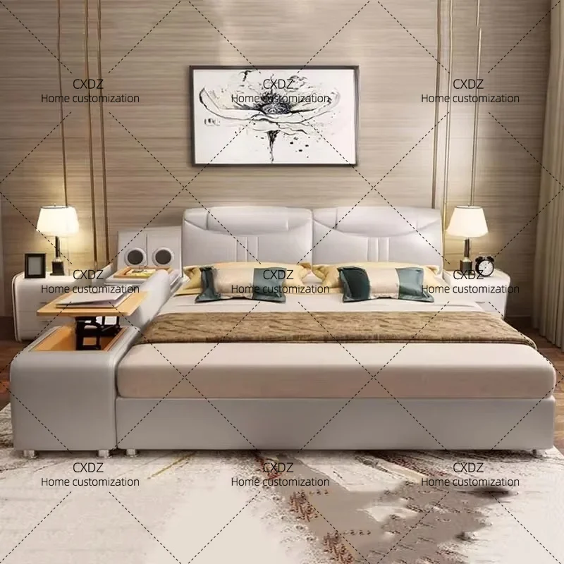 XXBluetooth Leather Bed Massager Usb Charge Electric Storage Bed Luxury Modern  Multifuncional Luxury Bedroom Set Furniture