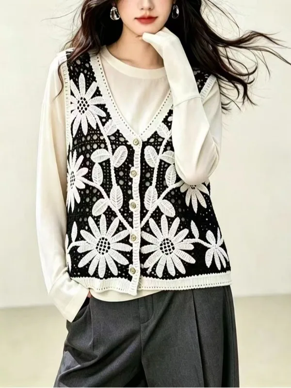 Authentic Vintage Hollow out Hook Design Sweater Vest Top Women's Fashion Outerwear Long Sleeve Regular Length Jacket
