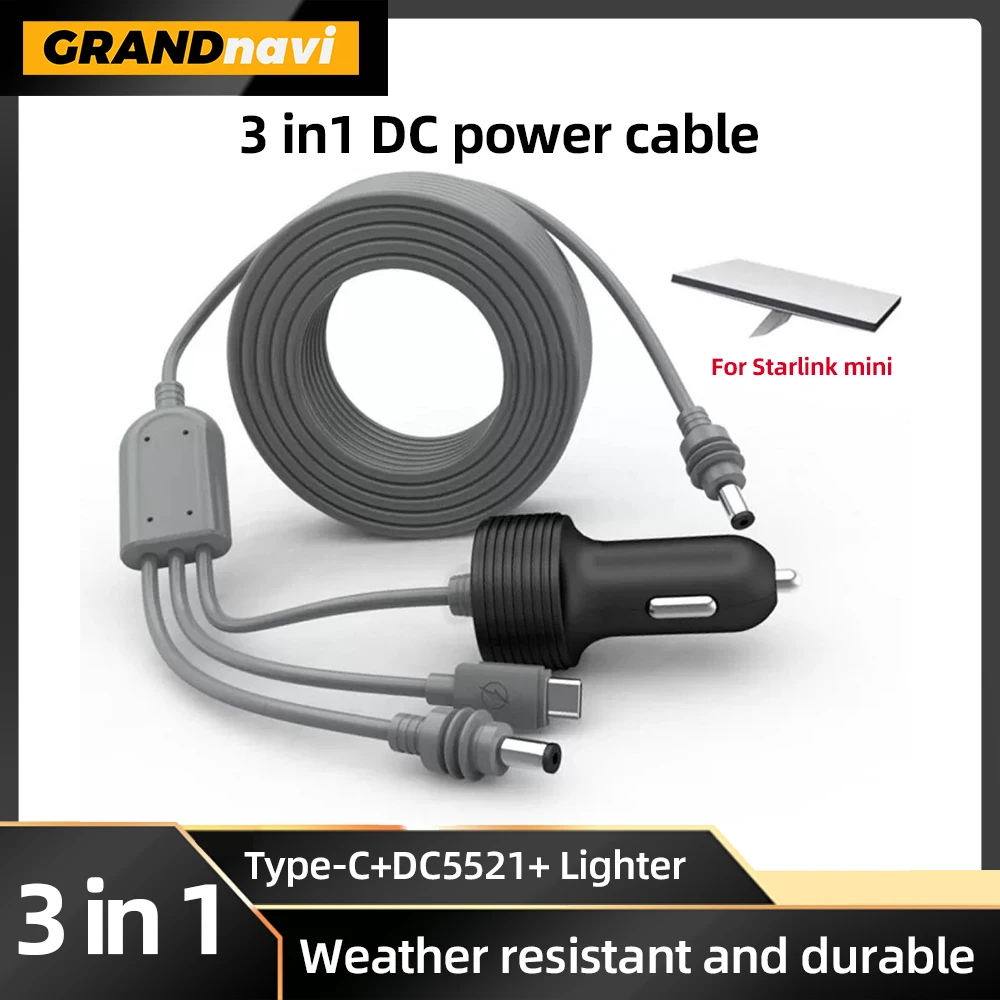 Grandnavi For Starlink Mini 12V 8A 18AWG TypeC/DC Car Charging Power Cable High-Speed DC to DC Replacement Cable Accessories
