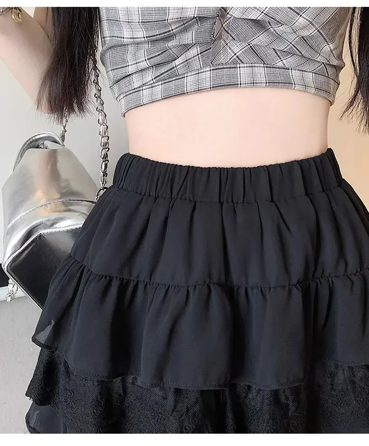 JOEVILU White Tutu Skirt A-line Elastic High Waist Mini Skirts Short Lace Cake Skirt Thin Summer Korean Fashion Goth Y2k Clothes