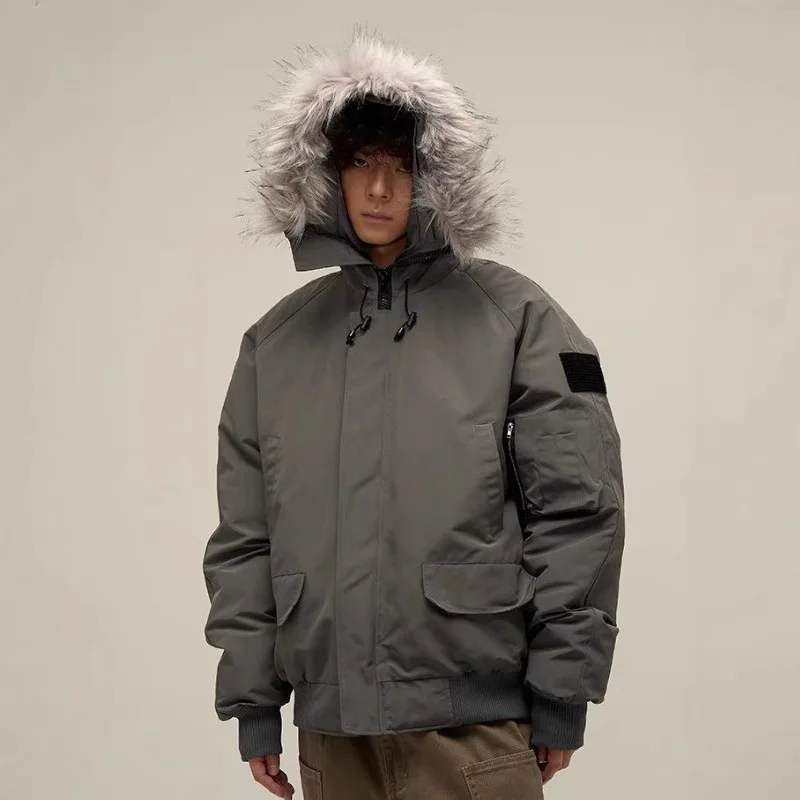 

Mens American Vintage Parka Coat Winter Warm Thick Fur Collar Padded Jacket Loose Gray Workwear Outdoor