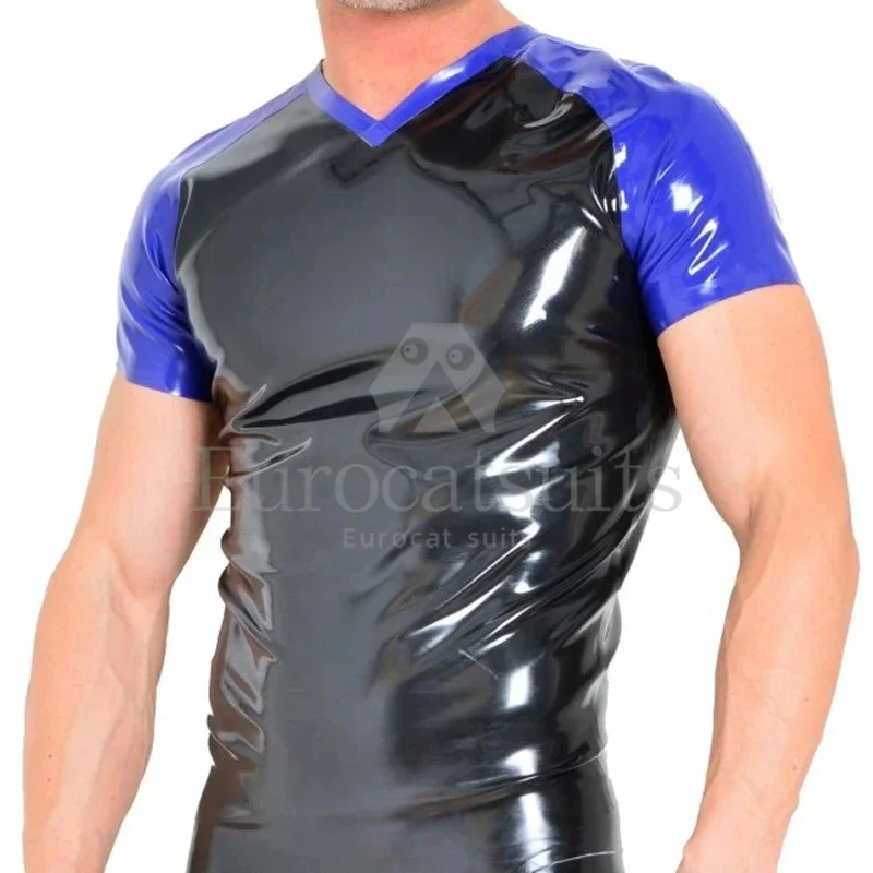 

customized Sexy Latex Shirt Black with Blue With Trims At Sleeves Round Collar Rubber Blouse Top Clothing cosplay