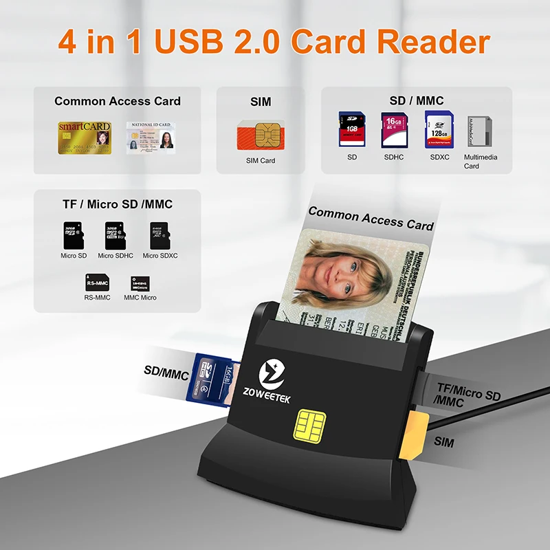 Zoweetek USB 2.0 Multi-Function Smart Card Reader for Micro SD/TF Memory ID Bank EMV SIM Card