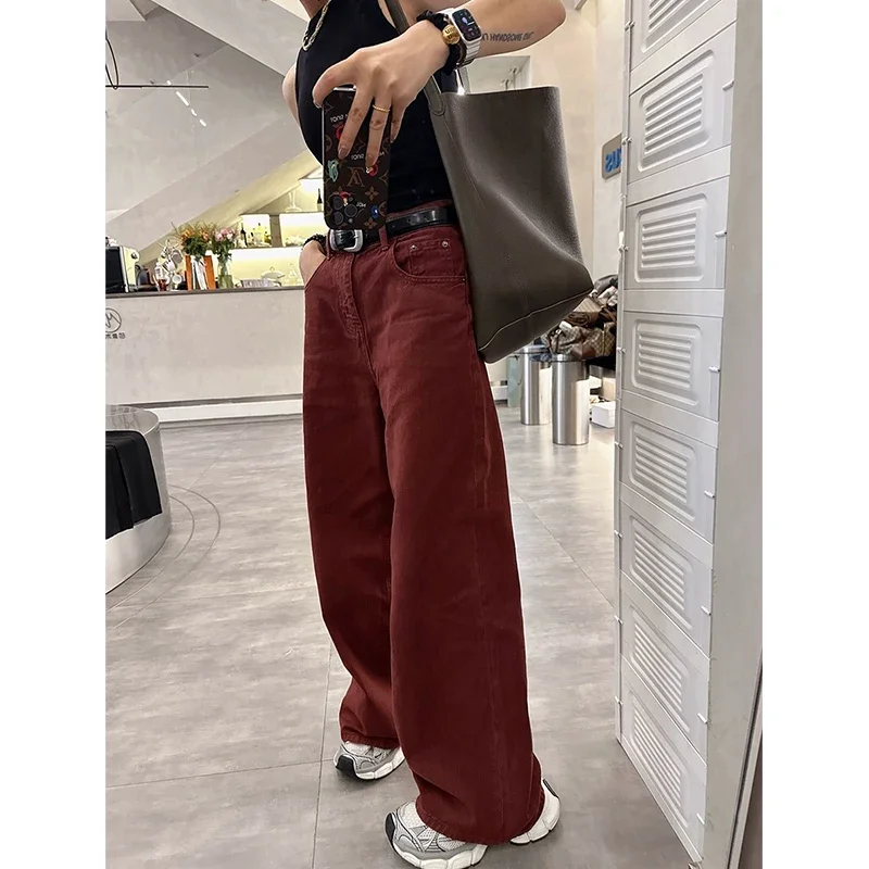 

Vintage Red Straight High Waisted Women's Jeans HarajukuFashion Streetwear Denim Trouser Casual Gradient Denim Wide Leg Pants