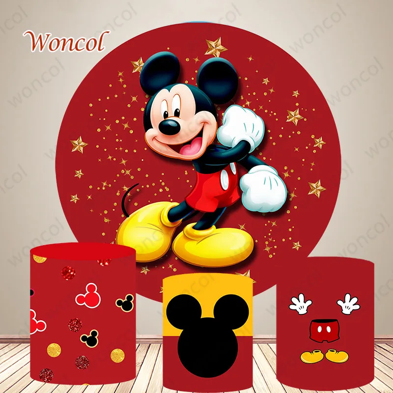 Mickey Mouse Circle Backdrop Boy Birthday Baby Shower Backdrop Disney Mickey Mouse Round Cylinder Cover Party Decor Photo Prop