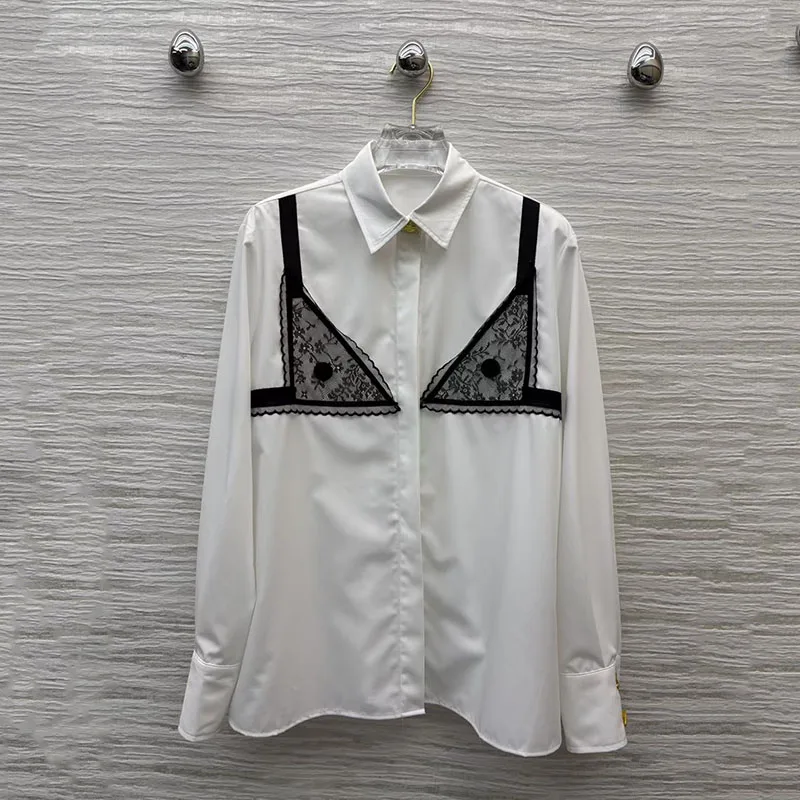 

Women's Lace-Panel Collar Shirt Casual-Chic Color-Block Top Premium Quality Shirt 2026 Spring New Arrival Corset-Style Y2K