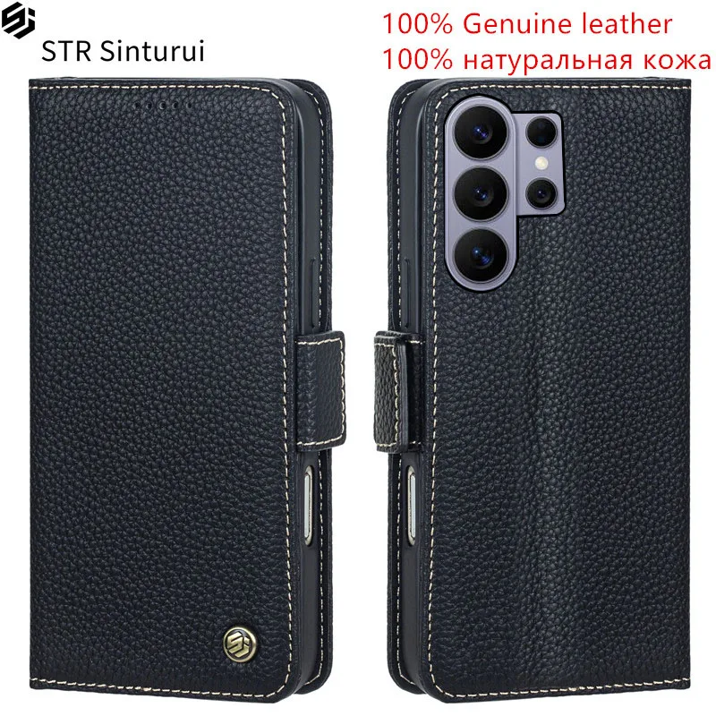 

STR Genuine leather lychee grain card Slot Wallet Cover For Samsung Galaxy S26 S25 Edge Ultra PIus Flip shockproof phone Case