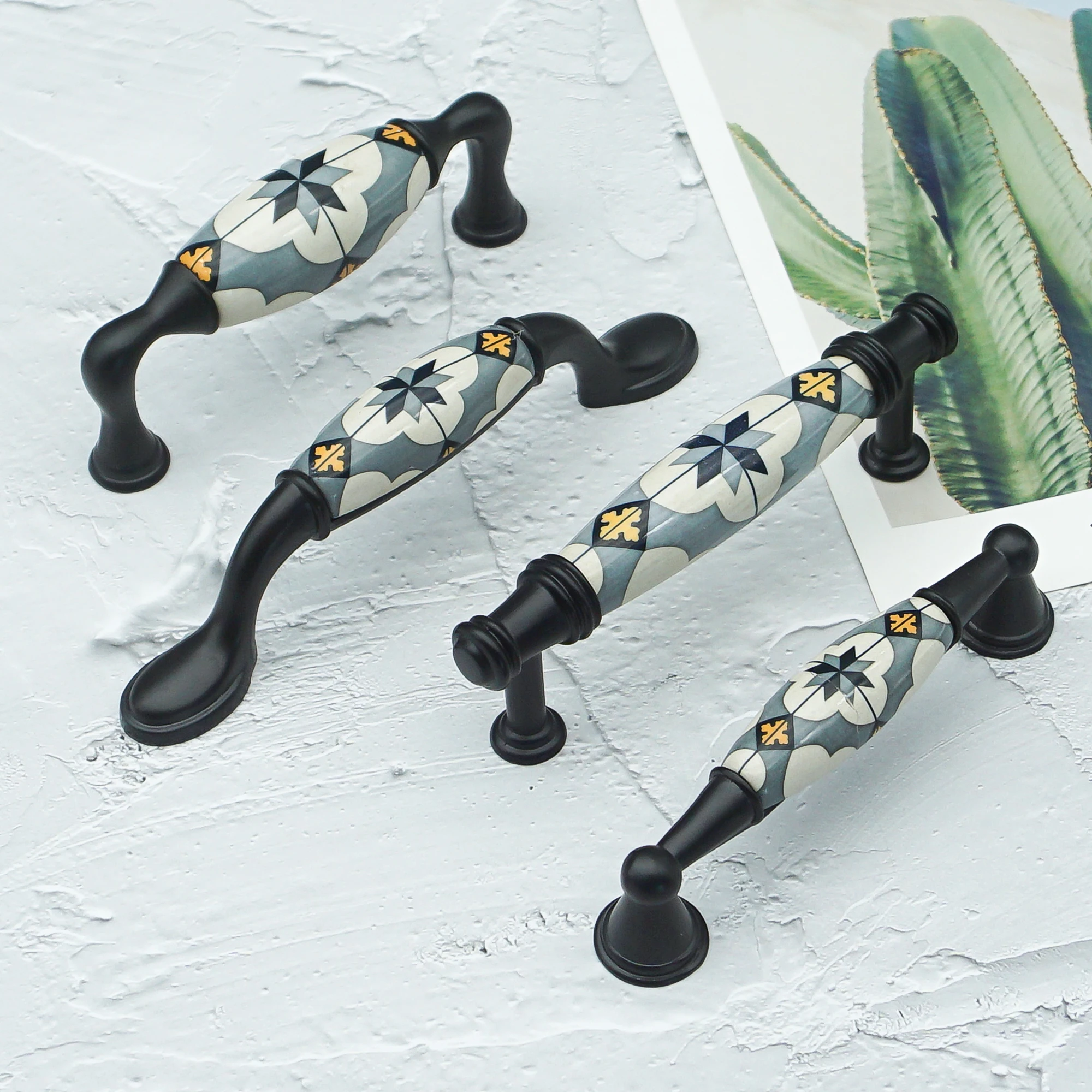 Ceramic Furniture Handles and Knobs Nordic Blue Flower Cabinet Handle Hardware Kitchen Cupboard Wardrobe Pulls Door Knobs 96mm