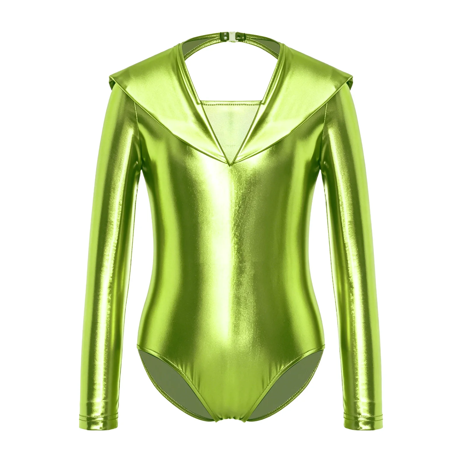 Kids Girls Metallic Dance Leotard Long Sleeve Cutout Back Bodysuit for Gymnastics Performance Alien Theme Party Halloween Outfit