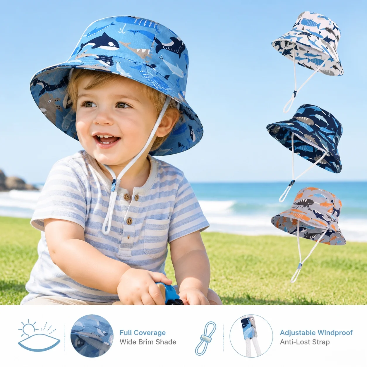 Sun Protection Hat for Kids Toddler Boys Girls Cute Whale Wide Brim Summer Outdoor Hat Baby Bucket Hat with Chin Strap