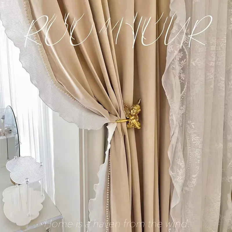 

Milk Tea Australian Wool Velvet French Light Luxury Curtains for Living Room Bedroom Blackout Curtain Fabric Finished Products