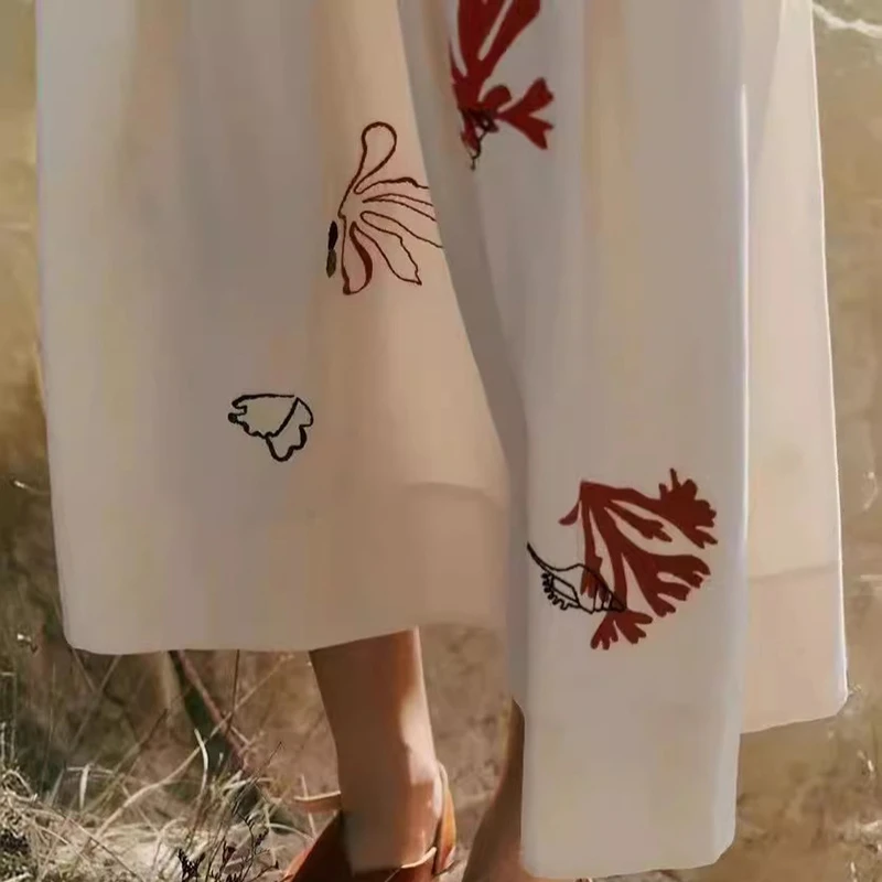 

New Arrival Summer 2025 Women Loose Casual Cartoon Embroidery A-line Skirt Good Quality Cotton Mid-calf Vintage Skirts Y136