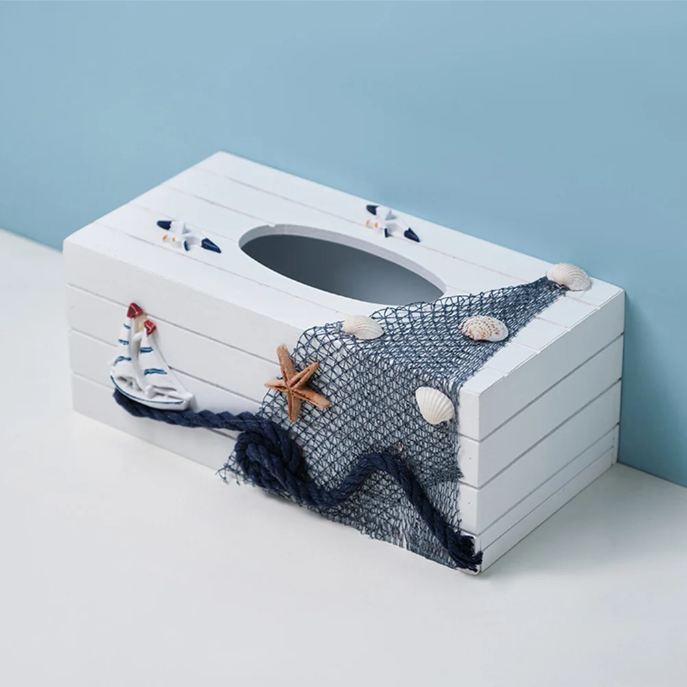 1pc Sailboat Design Wood Tissue Box Cover Mediterranean Style Decorative Holder For Home Office Hotel Car Beach Decor