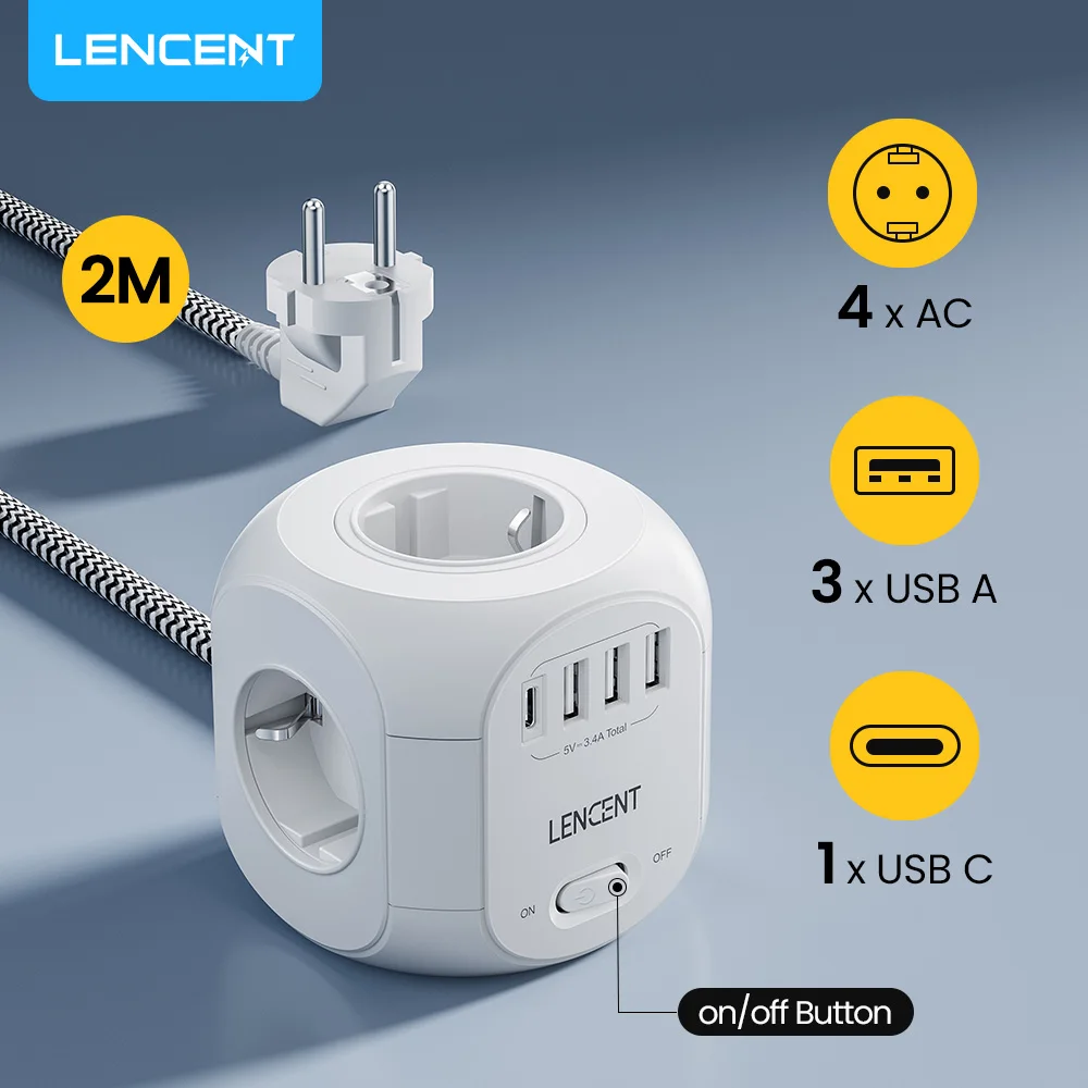 LENCENT Power Strip EU Plug Charger with 4AC Outlets 3USB Port 1 TypeC 2M Braided Cabe Multi Socket Adapter with Switch for Home