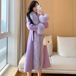 Fall/Winter 2025 New Wool Jacket Women's Overcoat Fashion Slim Splicing Long Belt Woolen Coat Female Wool Leisure Windbreakers