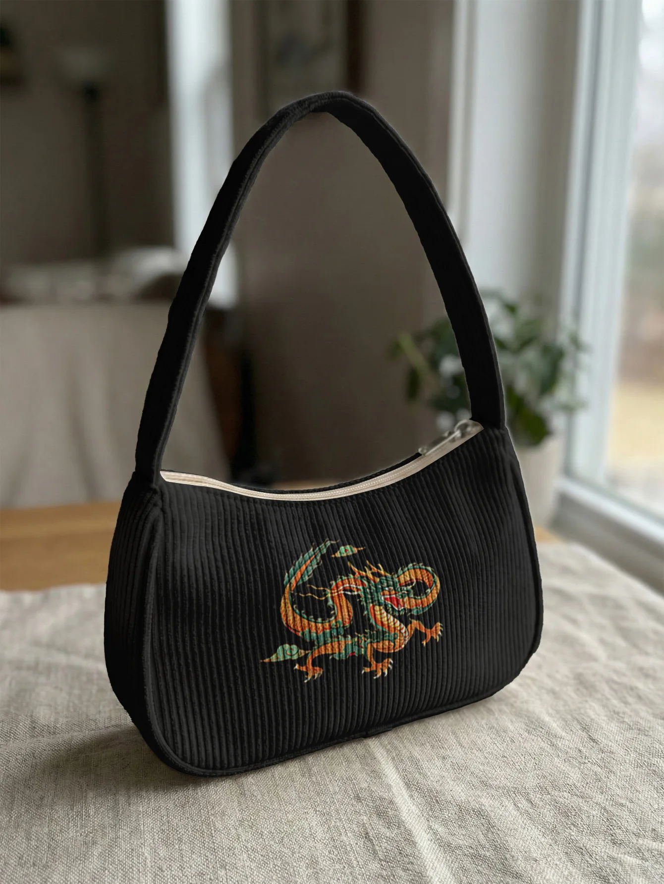 

Trendy Traditional Chinese Dragon Print Shoulder Bag, Black Corduroy Underarm Bag for Daily Casual Use