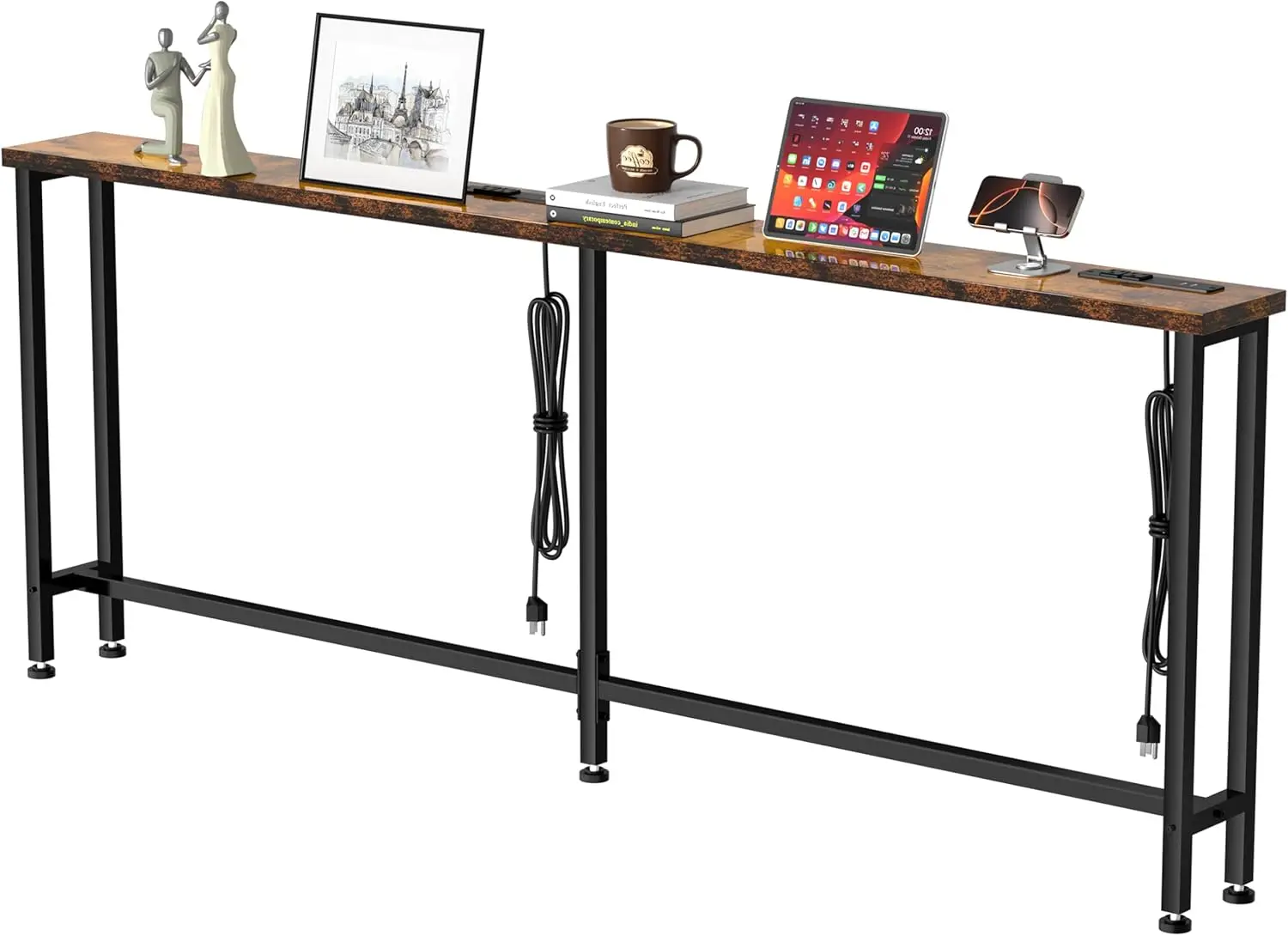 

78" Sofa Table with Built-in Power Strip - 4 AC Outlets & 4 USB Ports, Metal Frame, Easy Assembly for Living Room