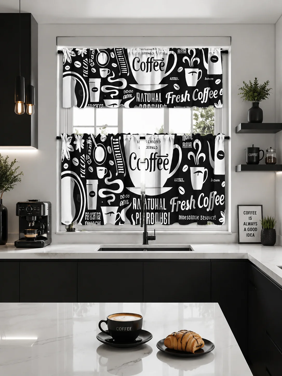  Modern Semi-Transparent Polyester Kitchen Curtains Coffee Theme 3D Digital Printing Lightweight Suitable for Living Room Ki