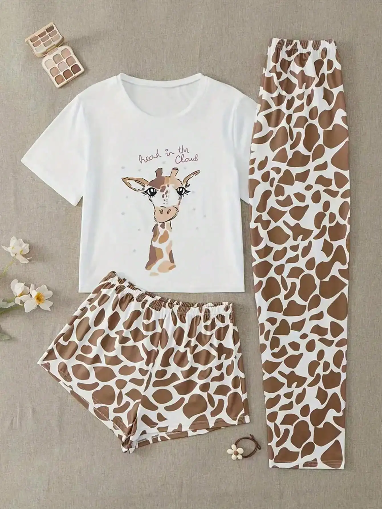 

3-Piece Women's Animal Print Pajama Set - Soft Polyester Blend, Round Neck Top with Shorts & Pants