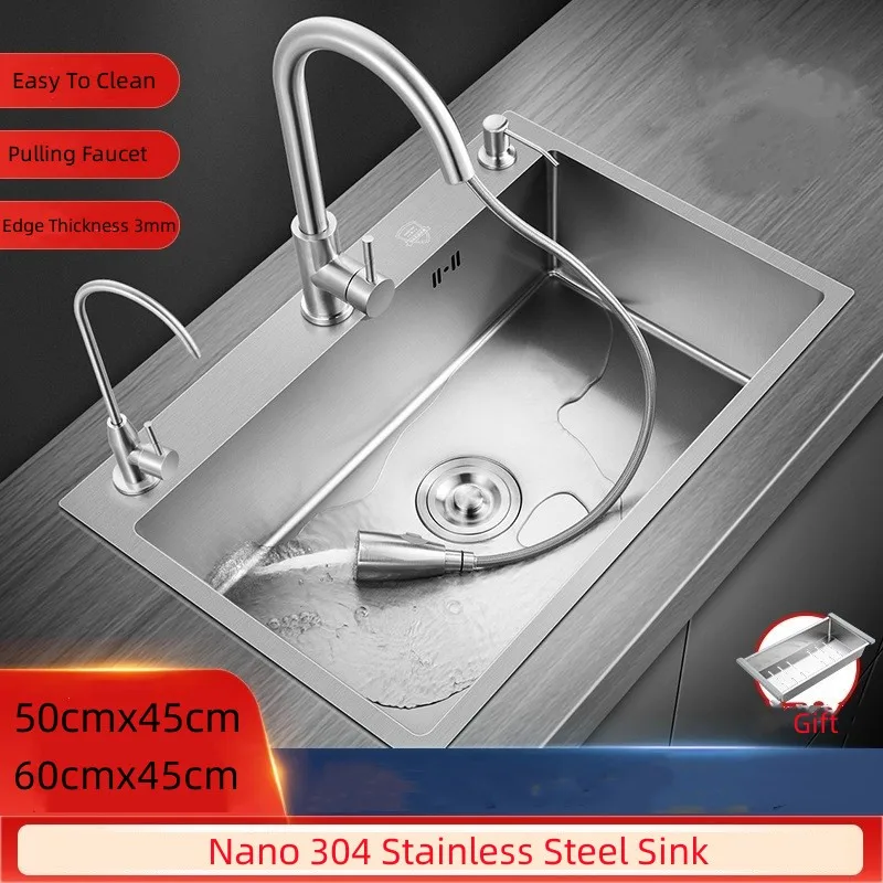 

Silvery 304 Stainless Steel Kitchen Sink Single Slot 3mm Thick With Cup Washer Pull Tap Vegetable Washing Basin Home Wash Basin