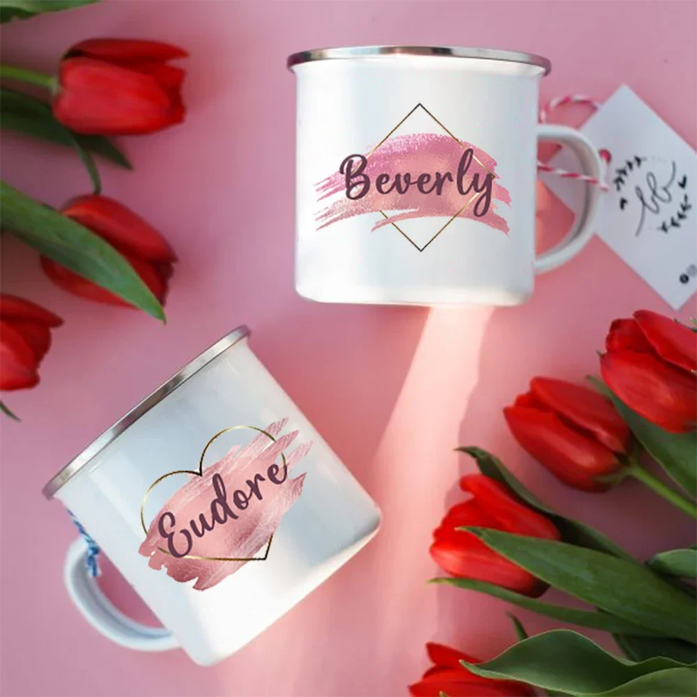 Personalized Geometric Print Enamel Coffee Mug, Custom Name Bachelor Party Decoration Bridesmaid Wedding Valentine Day Xmas Gift