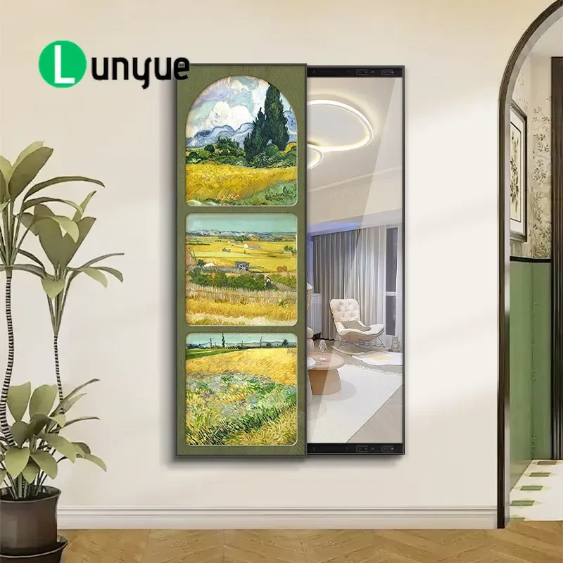Espelho de corpo inteiro com efeito de empurrar e puxar, estilo pintura a óleo, mural para decoração de sala de estar e varanda, arte de parede invisí