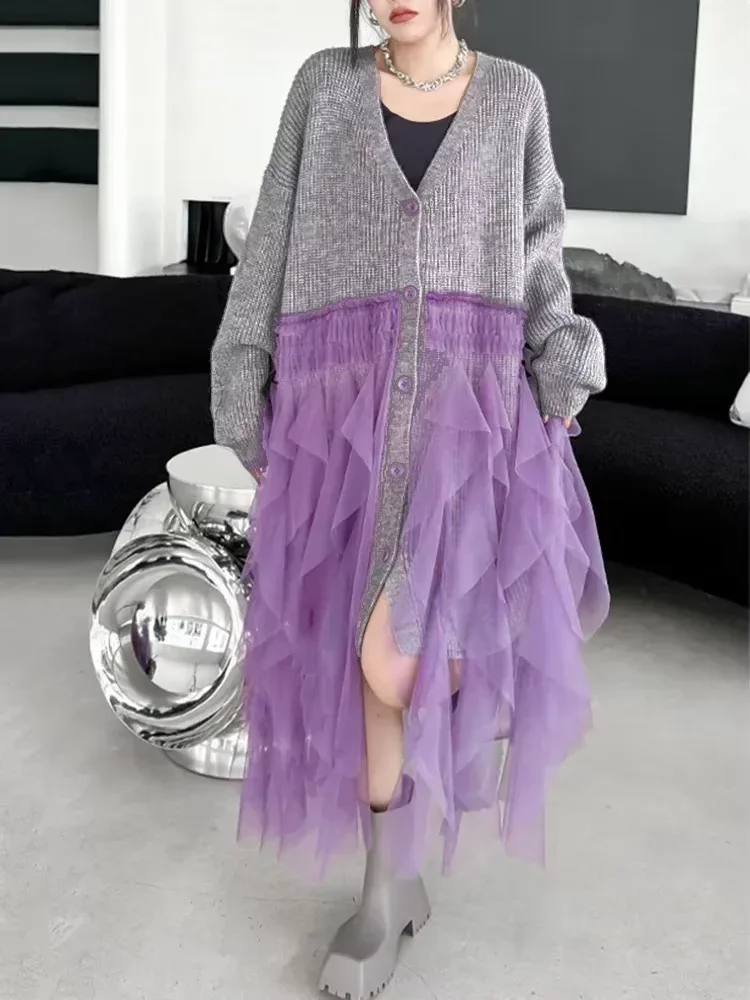 XITAO V-neck Patchwork Gauze Knitting Dress Irregular Single Breasted Loose Casual All-match Long Sleeve Women Dress DMJ3562