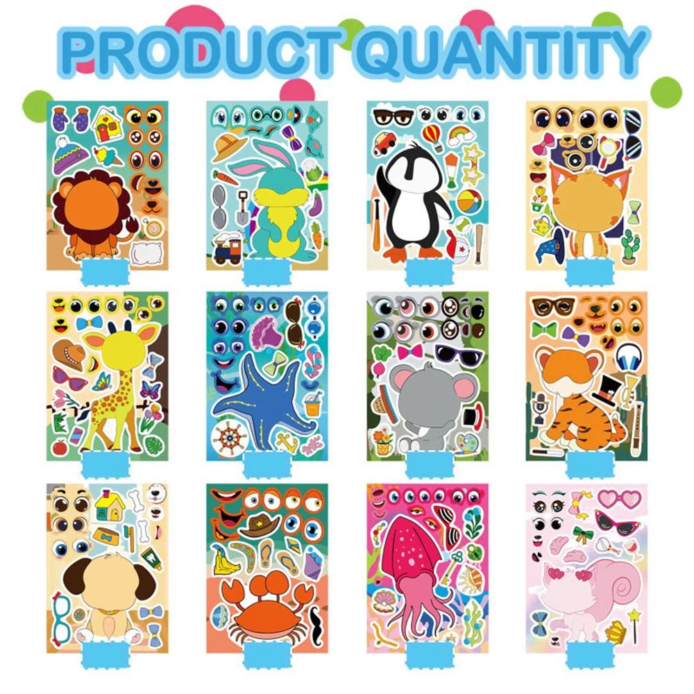 6/12sheets Cute Mixed Animals Cartoon Puzzle Stickers Make a Face Children DIY Funny Party Game Assemble Jigsaw Decals Toy Gift 3