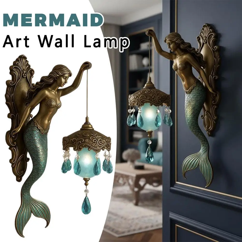 

Resin Mermaid Wall Lamp Creative Art Decor Sconce with Crystal Pendant Battery Operated Soft Ambient Light for Bedroom Living