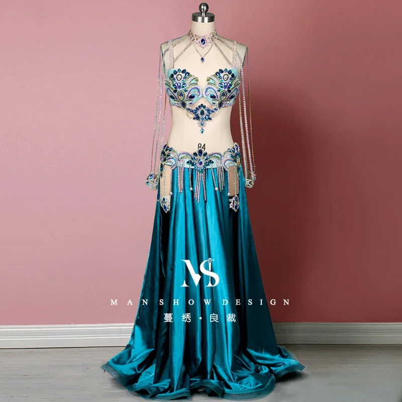 

Индивидуальный сексуальный и красочный комплект для соревнований для танца живота, костюм с бюстгальтером и поясом, длинная юбка