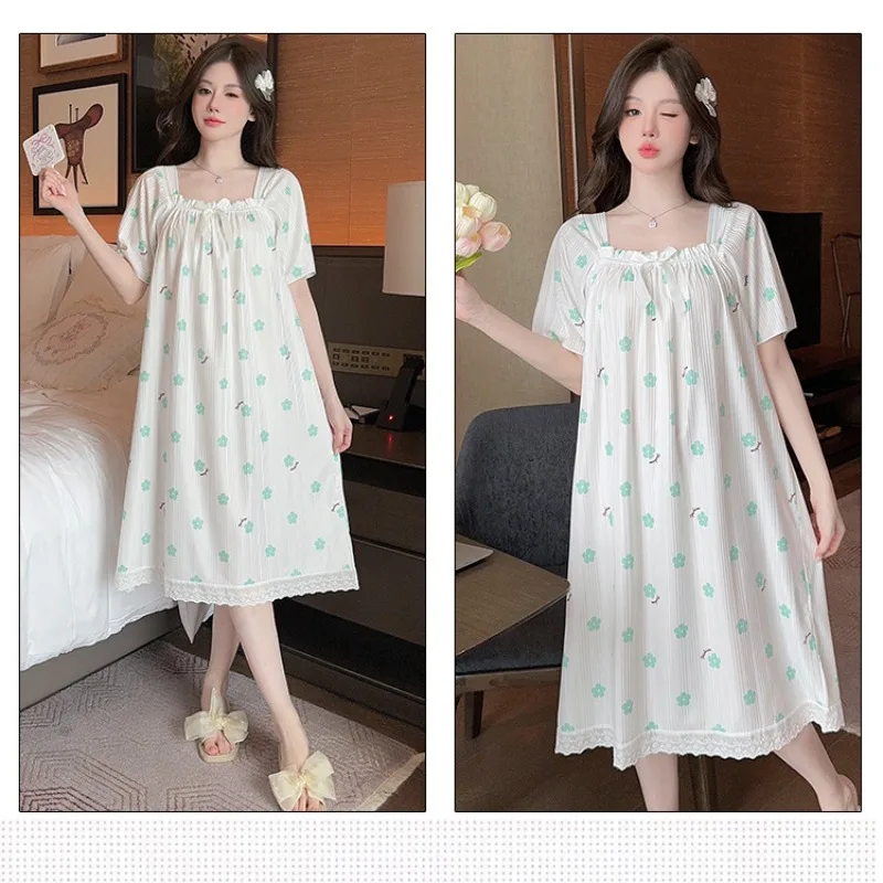 5XL Plus Size Women Nightgowns Summer Pajamas Korean Style Bubble Cotton Short Sleeve Sleep Dress Soft Comfotable Loungewear