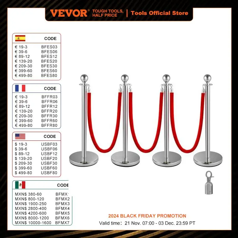 VEVOR 38Inch 4pcs Silver Stanchion Posts Queue Red Velvet Rope Crowd Control Line Barriers with Stable Base for Party Supplies