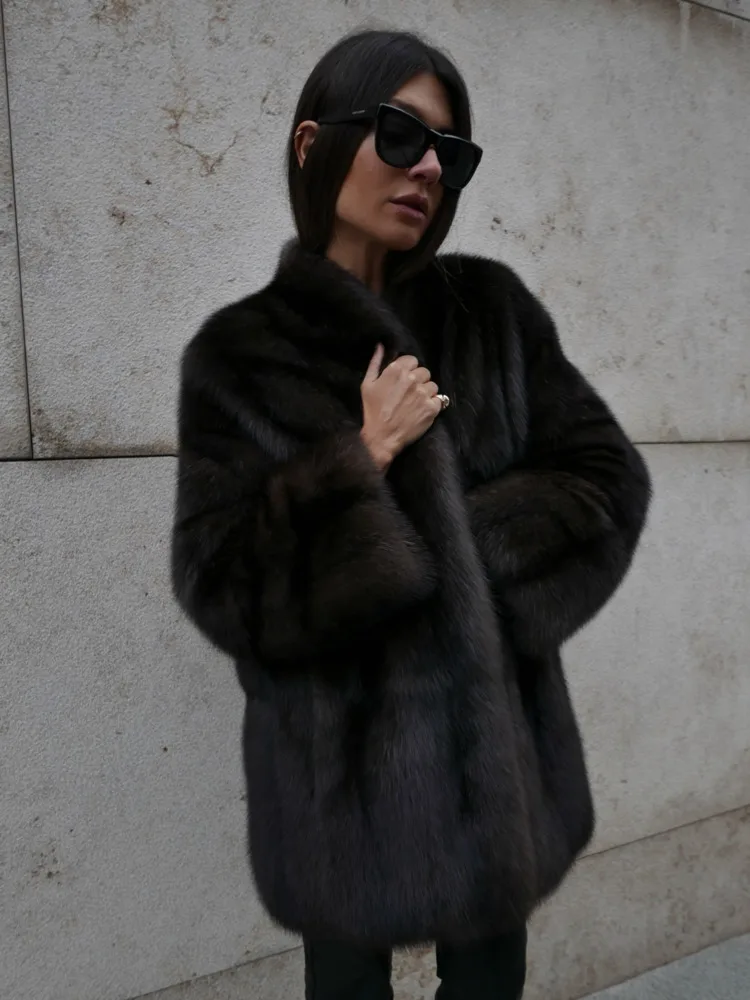 DFDG femmes 2025 automne hiver élégant luxe fausse fourrure manteau épaissi col montant revers à manches longues chaud élégant manteau de fourrure