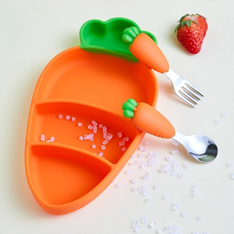

Silicone dinner plate, carrot-shaped dinner plate and spoon and fork, food grade silicone, safe and easy to clean