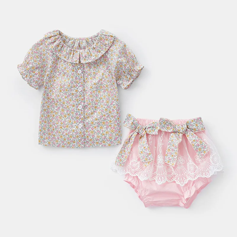 

Summer Newborn Girls Floral Casual Two-Piece Set Short Sleeves Floral Print Top Fashion Lace Bow Shorts Party Toddler Girl Sets